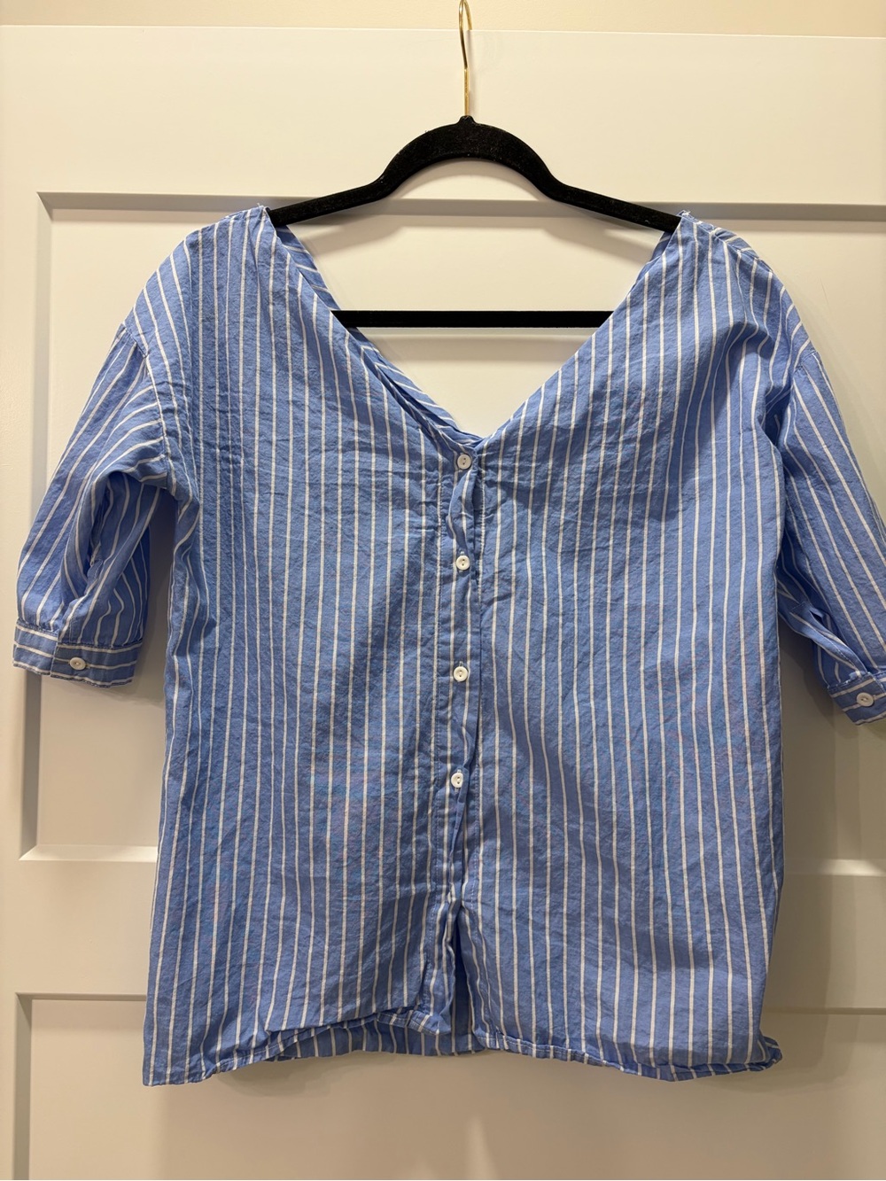 FashionNova Cotton Cottagecore Light Blue White Striped V-Neck Button Blouse S - Picture 2 of 6